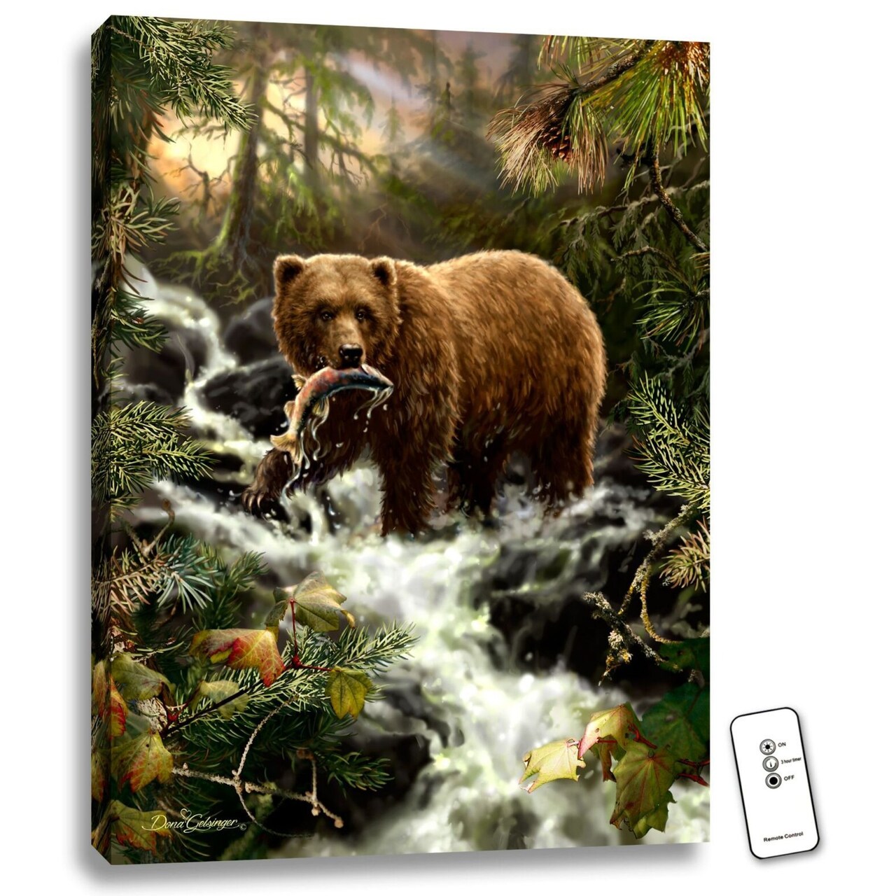 Glow Decor 24" x 18" Brown and Green Grizzly Gorge Backlit LED Wall Art with Remote Control